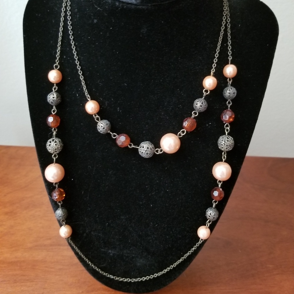 Orange and Pewter silver tone necklace